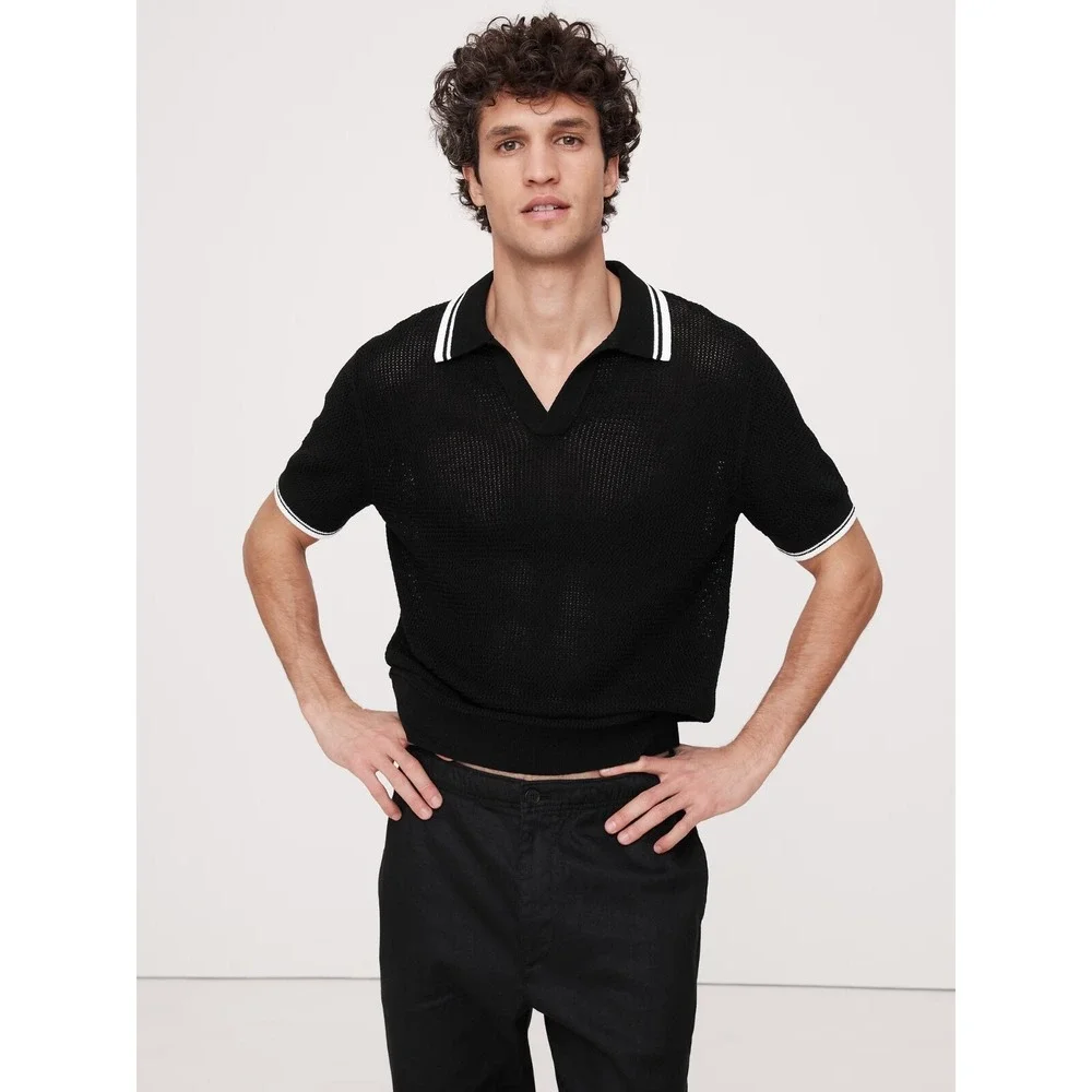 NWT Men's Banana Republic Cotton Zig Zag Sweater Polo MEDIUM‎ TALL M/T Black